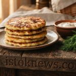 Стопка румяных золотистых лепешек на тарелке, украшенная сверху кусочком сливочного масла и мелко нарезанным зеленым луком.