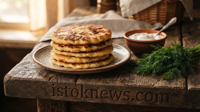 Стопка румяных золотистых лепешек на тарелке, украшенная сверху кусочком сливочного масла и мелко нарезанным зеленым луком.