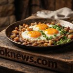Чугунная сковорода с тремя яйцами, в которой видны золотистые кусочки шкварок и много зеленого лука, рядом лежит кусок хлеба.