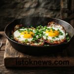 Чугунная сковорода с глазуньей из четырех яиц, обильно посыпанная зеленым луком и золотистыми кусочками сала.