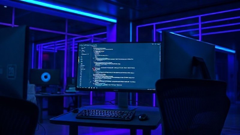 Робоче місце розробника програмного забезпечення з монітором, що відображає рядки коду та системні помилки