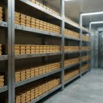 Полки банковского сейфа с аккуратно уложенными золотыми слитками