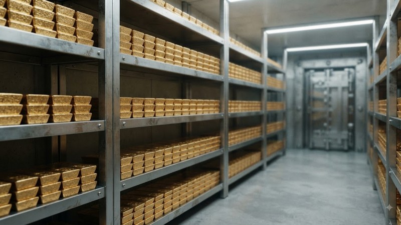 Полки банковского сейфа с аккуратно уложенными золотыми слитками