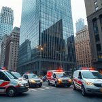 Автомобілі екстрених служб та поліцейські машини біля великої скляної хмарочоси в Нью-Йорку в США