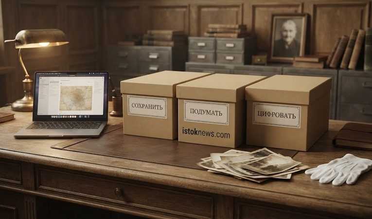Стопка старых фотографий, сканер и брендинг istoknews.com на рабочем столе.