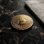 Золотая монета биткоина на темной мраморной поверхности рядом с финансовой прессой