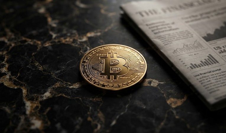 Золотая монета биткоина на темной мраморной поверхности рядом с финансовой прессой
