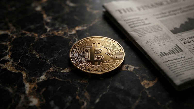 Золотая монета биткоина на темной мраморной поверхности рядом с финансовой прессой