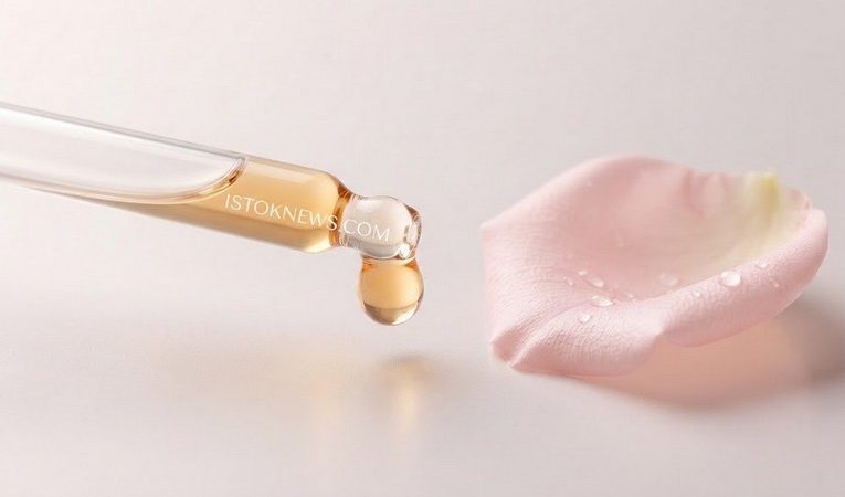 Изящная стеклянная пипетка с маслом и лепесток розы
