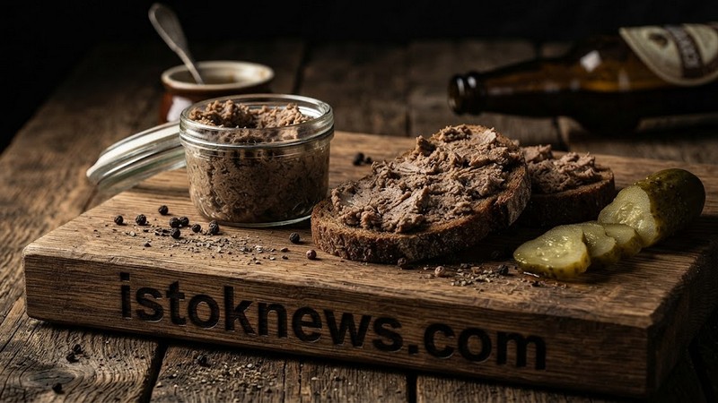 Стеклянная баночка с густой белой пастой, в которой видны кусочки зелени, рядом лежат ломтики черного хлеба с толстым слоем намазки.