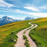Зеленая горная долина с чистой каменистой тропой, уходящей к заснеженным вершинам.