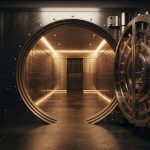 Открытая тяжелая стальная дверь банковского хранилища во время финансового аудита