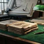 Стопка винтажных иллюстрированных брошюр на столе рядом со старинным чернильным прибором.