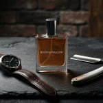 Строгий мужской натюрморт с металлической бритвой, часами и флаконом парфюма на темном сланце.