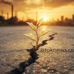 Одинокий золотой росток, пробивающийся сквозь асфальт в лучах заходящего солнца.