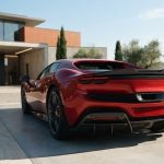Задня частина сучасного червоного спортивного автомобіля Ferrari біля дизайнерської студії в Маранелло вдень
