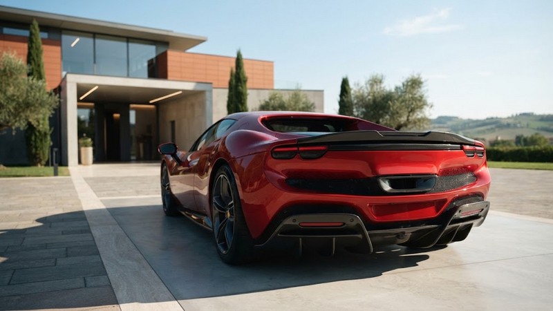 Задня частина сучасного червоного спортивного автомобіля Ferrari біля дизайнерської студії в Маранелло вдень