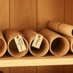 Эстетичная стопка подписанных картонных тубусов с документами на полке домашнего архива.