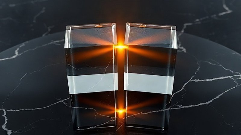 Два одинаковых прозрачных стеклянных куба, соприкасающихся углами на темной полированной поверхности.