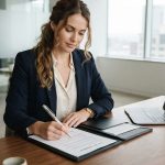 Женщина уверенно и спокойно подписывает документы в кабинете, сохраняя деловой и решительный вид.