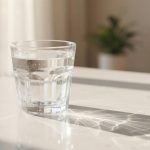 Стеклянный стакан с кристально чистой водой на светлой поверхности
