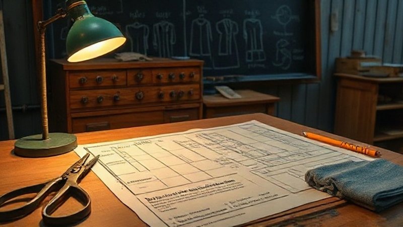 Чертежные инструменты, старинные эскизы моделей одежды и латунный циркуль лежат на столе под светом настольной лампы.