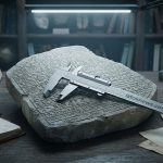 Темная гранитная плита с тремя типами высеченных на ней древних текстов в музейной витрине.