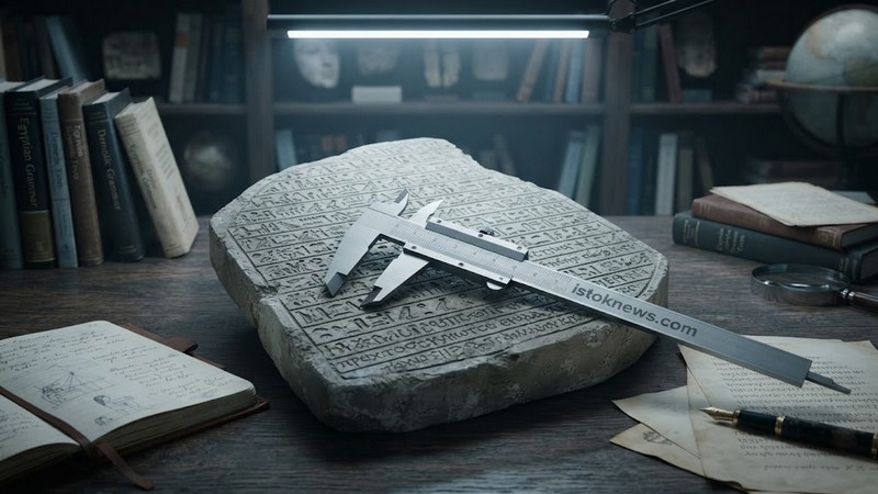 Темная гранитная плита с тремя типами высеченных на ней древних текстов в музейной витрине.