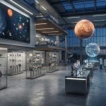 Планетологический исследовательский центр с астрономическими картами и стеклянными витринами