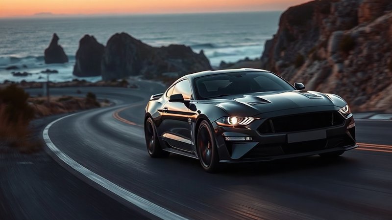 Новый премиальный седан BMW на прибрежной извилистой дороге в вечерних сумерках