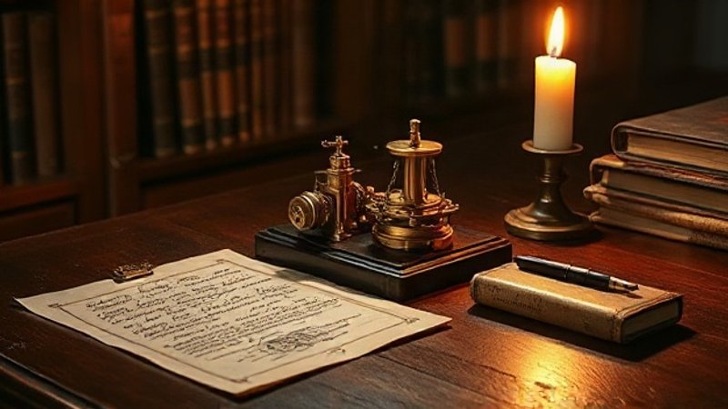 Старинный латунный карданный вал и раскрытый чертёж с формулами лежат на деревянном столе у окна в тёплом свете свечи.