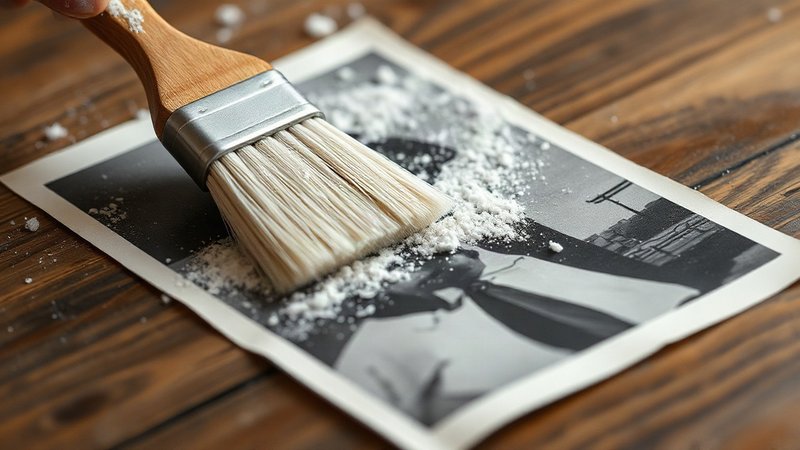 Белый порошок крахмала аккуратно смахивается кистью с винтажной черно-белой фотографии.