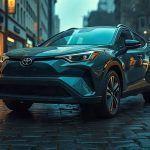 Изумрудный электрический кроссовер Toyota bZ на вечерней городской улице после дождя