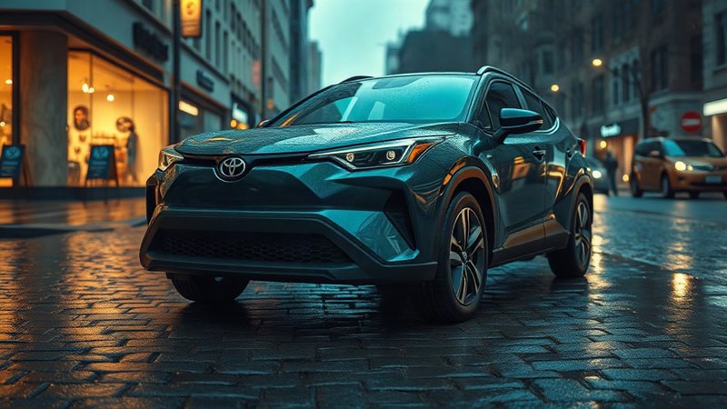 Изумрудный электрический кроссовер Toyota bZ на вечерней городской улице после дождя