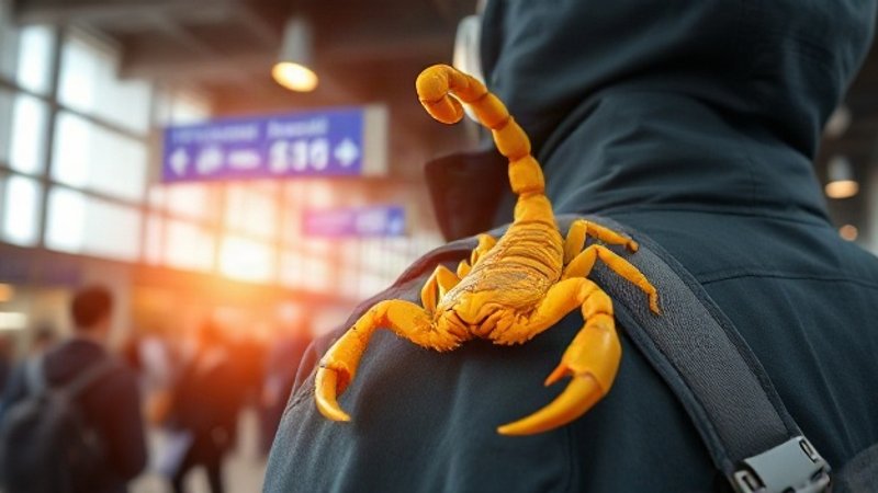 Опасный желтый скорпион на дорожной куртке внутри зала прилета современного терминала аэропорта с размытым фоном и ярким освещением