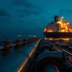 Морской распределительный узел нефтепровода с причаливающим танкером в вечернее время