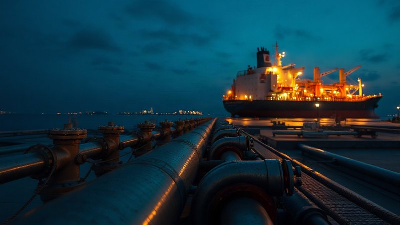 Морской распределительный узел нефтепровода с причаливающим танкером в вечернее время
