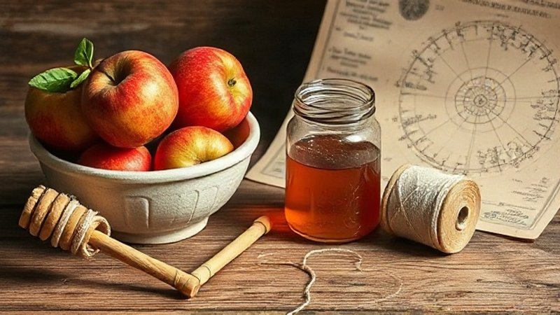 Керамическая пиала с яблоками, баночка меда и льняная нить на столе 2 Сентября.