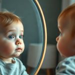 Любознательный младенец смотрит на свое отражение в зеркале, символизируя зарождение самосознания и памяти