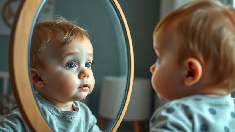 Любознательный младенец смотрит на свое отражение в зеркале, символизируя зарождение самосознания и памяти