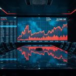 Конференц-зал с настенным дисплеем, отображающим падение биржевого индекса аэрокосмической отрасли
