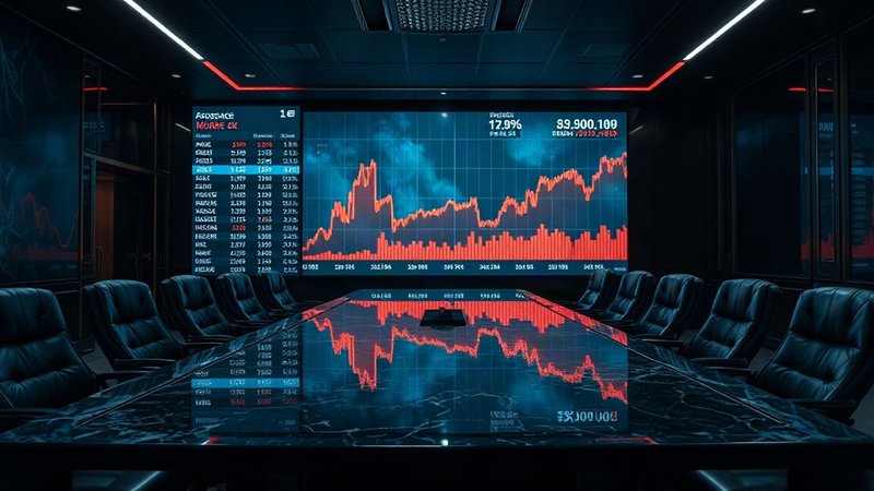 Конференц-зал с настенным дисплеем, отображающим падение биржевого индекса аэрокосмической отрасли