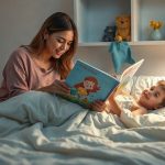 Мама перед сном читает сыну сказку из книги с иллюстрациями в мягком свете торшера.