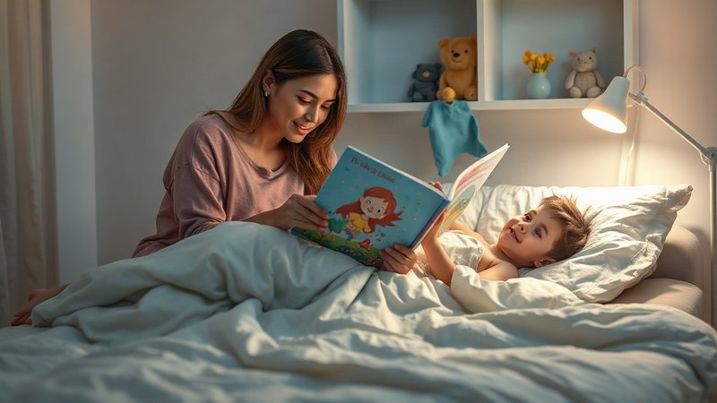 Мама перед сном читает сыну сказку из книги с иллюстрациями в мягком свете торшера.