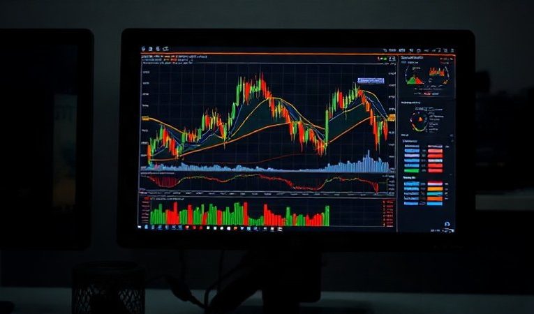 Современные светящиеся цифровые графики торговли криптовалютами и финансовой аналитики на экране темного компьютерного монитора в профессиональном офисе