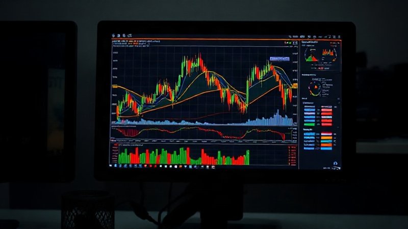 Современные светящиеся цифровые графики торговли криптовалютами и финансовой аналитики на экране темного компьютерного монитора в профессиональном офисе