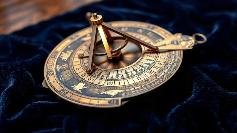 Ренессансная латунная астролябия на темном бархате с гравированными созвездиями