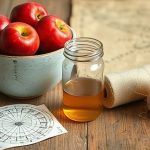 Керамическая пиала с яблоками, баночка меда и льняная нить на столе 3 Сентября.
