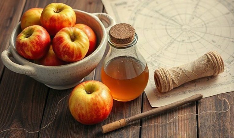 Керамическая пиала с яблоками, баночка меда и льняная нить на столе 1 Сентября.