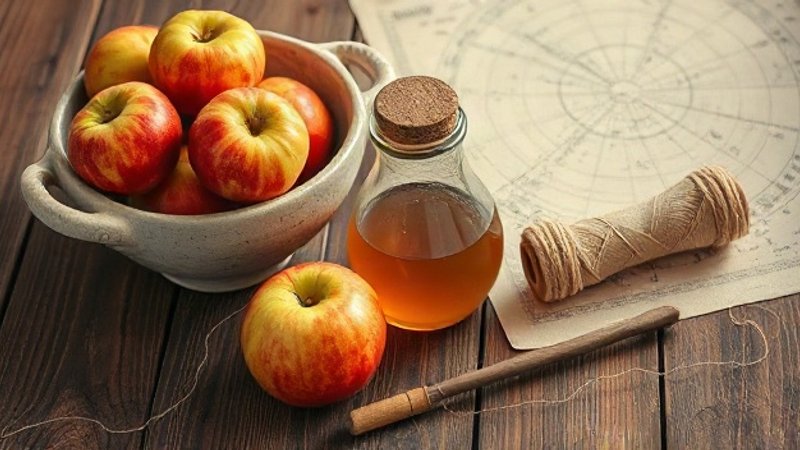 Керамическая пиала с яблоками, баночка меда и льняная нить на столе 1 Сентября.